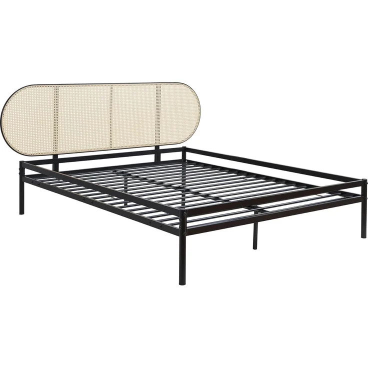 Metallbett Linköping mit ovalem Kopfteil 160x200 cm Schwarz/Rattanoptik [en. casa] – Bild 4