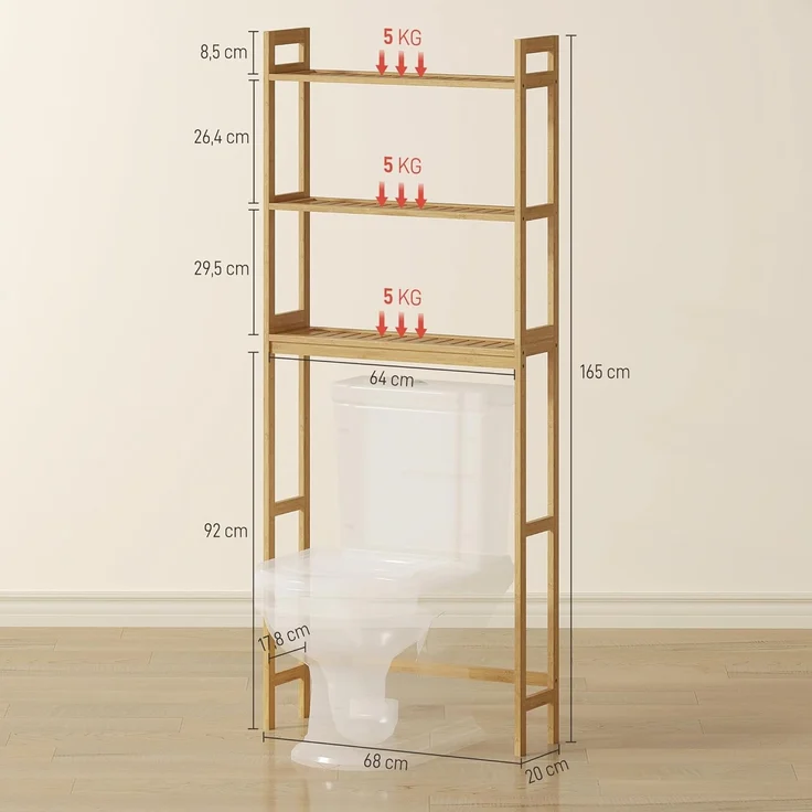 Kleankin Badregal Toilettenregal 3-stöckiges Badezimmerregal, Standregal mit Kippschutz, Aufbewahrungsregal 1-tlg, für Badezimmer, Bambus, Natur, 68 x 20 x 165 cm – Bild 3