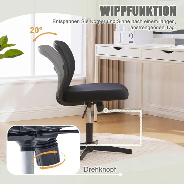 Armloser Drehstuhl ohne Rollen mit 360° Drehfunktion, höhenverstellbar, gepolsterter Sitz,Schwarz – Bild 9