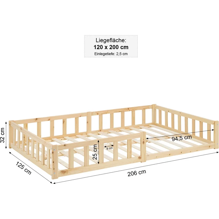 Kinderbett 120x200 Bodenbett mit Rausfallschutz Montessori Bett Kleinkindbett Holz Kiefer Natur Massiv Einzelbett Lattenrost Bettgestell – Bild 3