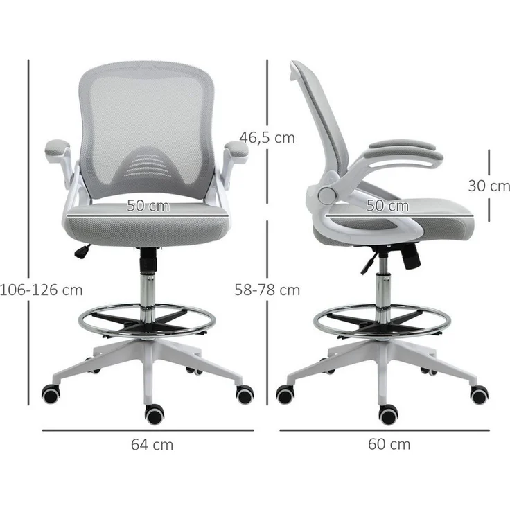 Vinsetto Schreibtischstuhl Ergonomischer Mesh-Zeichenstuhl mit Rollen (höhenverstellbarer Drehstuhl mit verstellbarem Fußring, 1 St), Arbeitsstuhl für Zuhause, Hellgrau – Bild 2