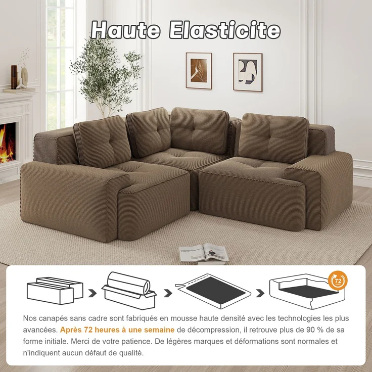 U-förmiges Sofa mit 1 Fußhocker mit Cordbezug und beweglicher Fußauflage, rahmenfreie Lounge-Couch mit breiten Armlehnen ohne Montage, Braun – Bild 10