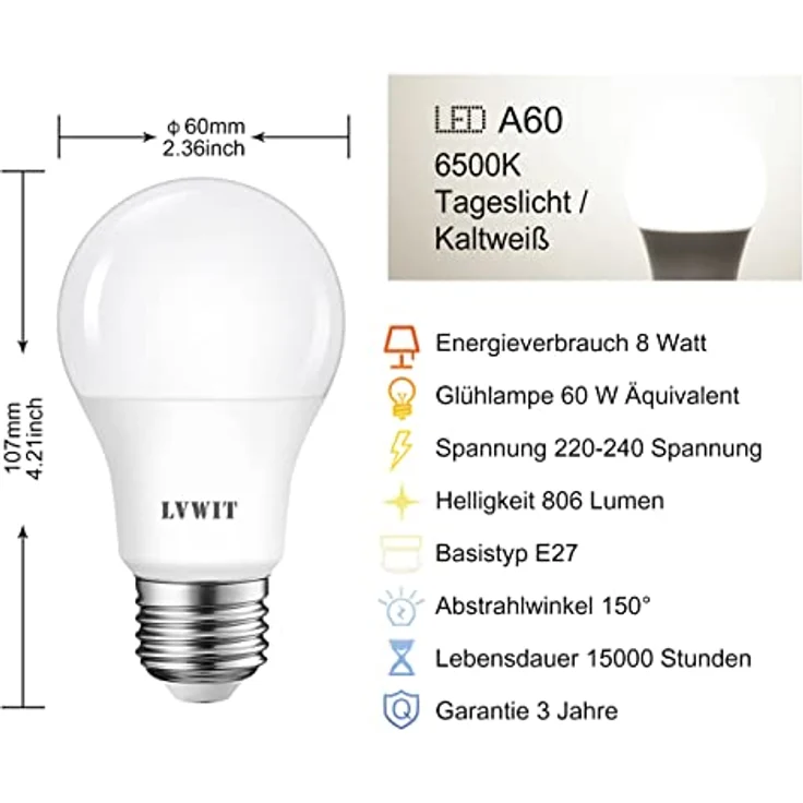 LVWIT LED E27 Birne 60W Kaltweiß 6500K, ultrahell 806 lm, matte LED Lampe (6er Pack) – Bild 4