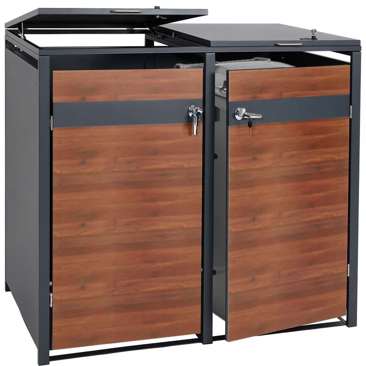 XL 2er/4er-Mülltonnenverkleidung HWC-J82, Mülltonnenbox, Metall 59kg, anthrazit ~ Kirsche-Holzoptik dunkelbraun – Bild 1