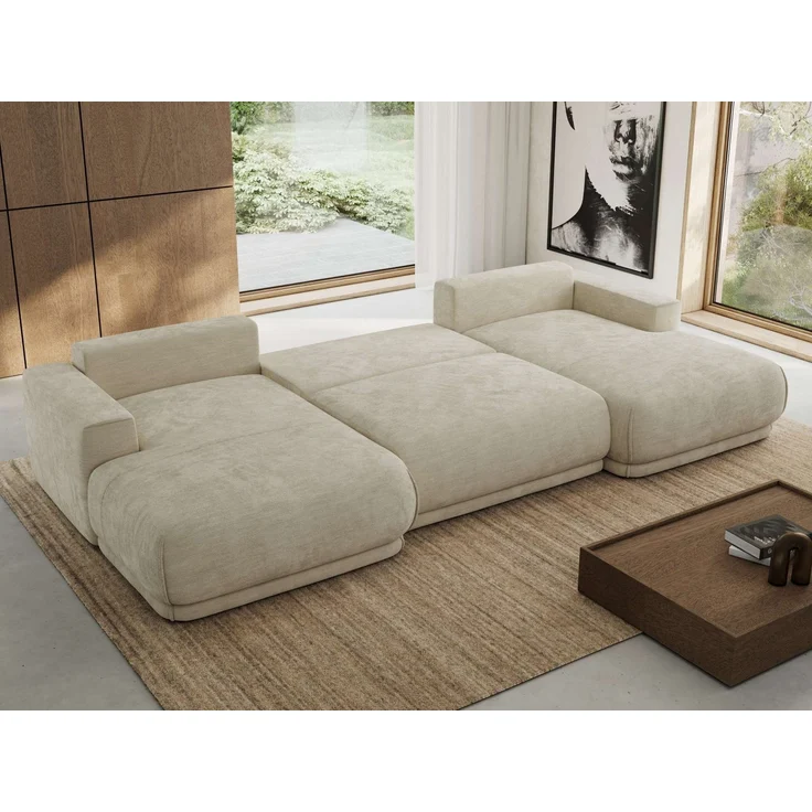 XXL Wohnlandschaft RINA U-Form 360 cm breit, Sofa mit Schlaffunktion & DL-Mechanismus, Wellenfederung, modern freistehend - Beige Schenille glatt – Bild 4