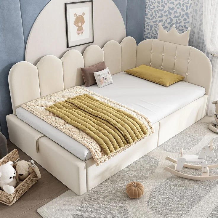 Merax Einzelbett, 90x200 cm Polsterbett, Daybett, Tagesbett-Schlafsofa mit Stauraum (hydraulisch), Gästebett L-Form Samt, Beige – Bild 2