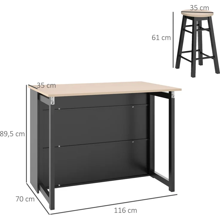 3-teiliges Bartisch-Set, klappbar mit Stauraum, 116x70x89,5 cm, Schwarz – Bild 4