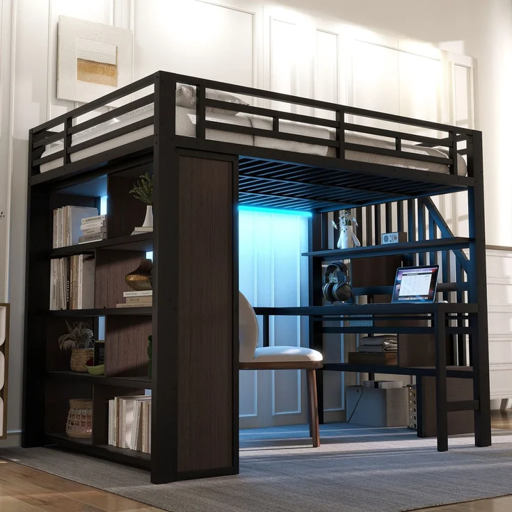 Hochbett mit RGB LED-Streifen, Schreibtisch, Bücherregal, Lattenrost, Treppe, Rausfallschutz, 140x200cm, Metallbett, Kinderbett – Bild 3