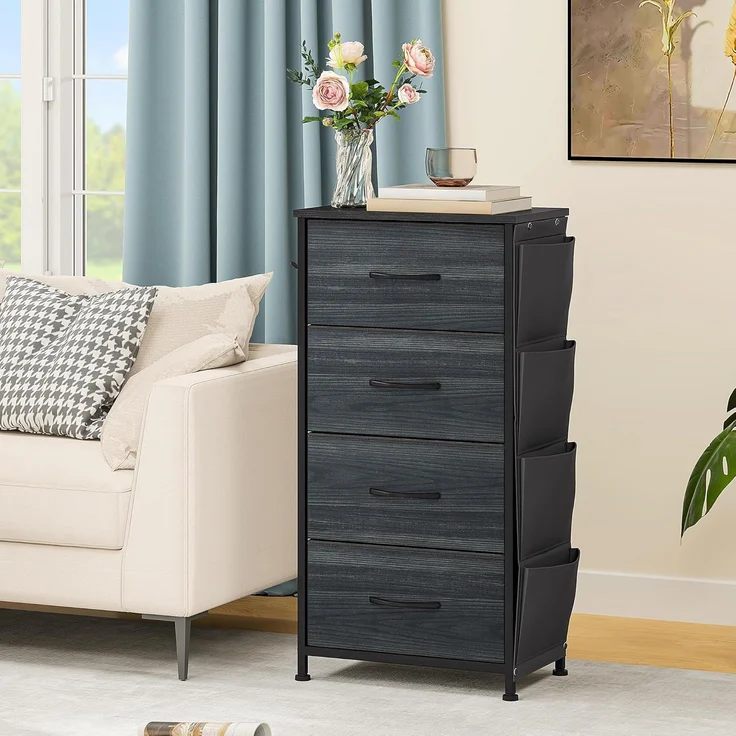 DWVO Kommode mit 4 Schubladen, langlebiger Schrank mit Haken & Seitentaschen, Stoffschubladen mit Griffen, Robustes Metallgestell, Holzmaserung Anthrazit Schwarz – Bild 2