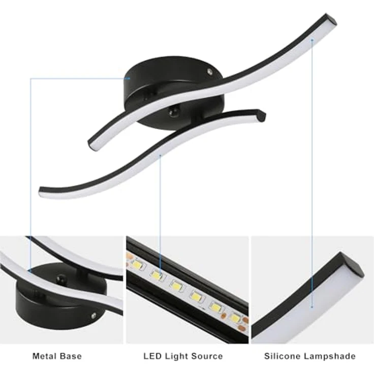 Goeco Modern LED Deckenleuchte, 12W 1300LM Wohnzimmerlampe Schwarz, 2 Flammige, LED Deckenlampe Innen Acryl Deckenbeleuchtung 6500K Kaltweißes Licht für Schlafzimmer, Wohnzimmer, Flur, Küche – Bild 4