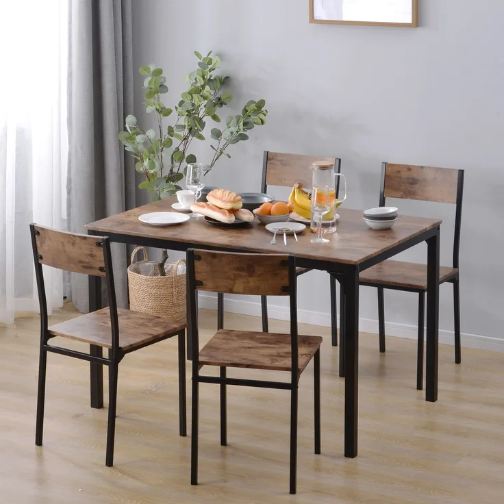 Esstisch 108x65x75 cm mit 4 Stühlen, Braun, Spanplatte/MDF mit PVC-Oberfläche und pulverbeschichtetem Metalllgestell
