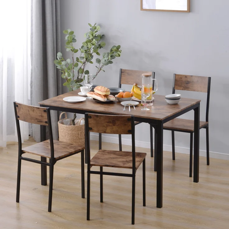 Esstisch 108x65x75 cm mit 4 Stühlen, Braun, Spanplatte/MDF mit PVC-Oberfläche und pulverbeschichtetem Metalllgestell – Bild 1