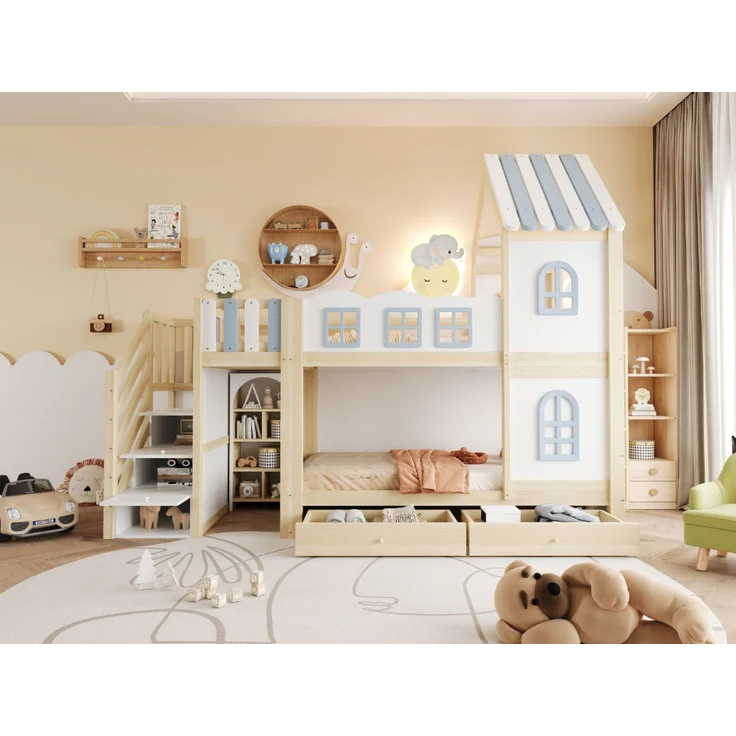 Merax Etagenbett 90 x 200 cm, Kinderbett, Jugendbett, Mit Bettgitter in Wolkenform, Dachkonstruktion Mit Fenstern, Stauraumleiter, Regalen und Schubladen, Kinderbett aus Holz, Weiß – Bild 6