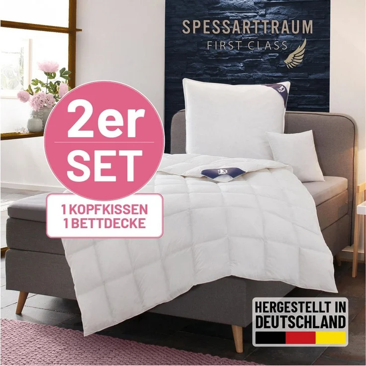 SPESSARTTRAUM Daunenbettdecke + Federkissen First Class, Füllung: Bettdecke: 90%Daunen / 10% Federn, Klasse I, Downpass zertifiziert, Bezug: 100% Baumwolle, Made in Green, Hausstauballergiker geeignet, Sparset: 5 Wärmeklassen, 135x200 cm & 155x220 cm – Bild 5