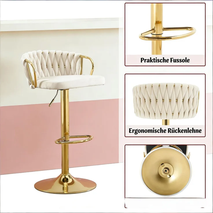 Barhocker 49,5 x 50,5 x 77-98 cm in Cremeweiß, Samt, höhenverstellbar und drehbar, 1 Stuhl – Bild 4