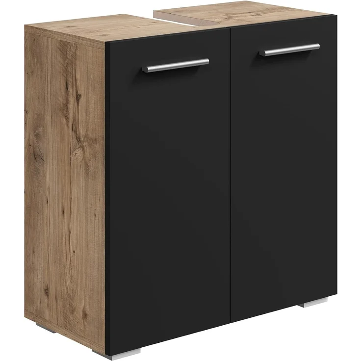 Badplaats Waschbeckenunterschrank Jupiter 60 x 30 cm Kastanien Eiche mit Schwarz Matt - Stehender Badezimmerschrank mit 2 Türen und Montagematerial – Bild 1