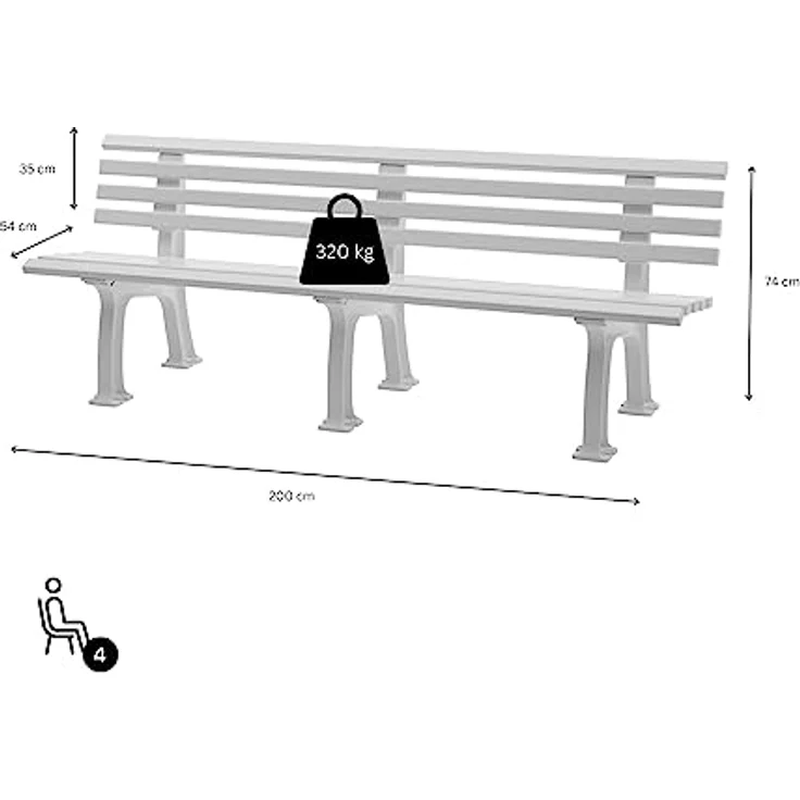 PROREGAL Gartenbank Antigua 4 Sitzer, Weiß, witterungsbeständig und UV-beständig, HxBxT 74 x 200 x 54 cm, stabile Bauweise mit 320 kg Belastbarkeit – Bild 3