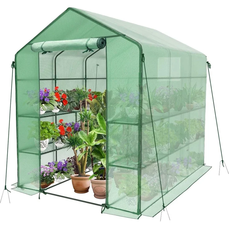 VOUNOT® Gewächshaus Foliengewächshaus, begehbares Gartenhäuschen mit 12 Regalebenen, Tomatenhaus Tomatengewächshaus, Grün 143 x 215 x 195 cm