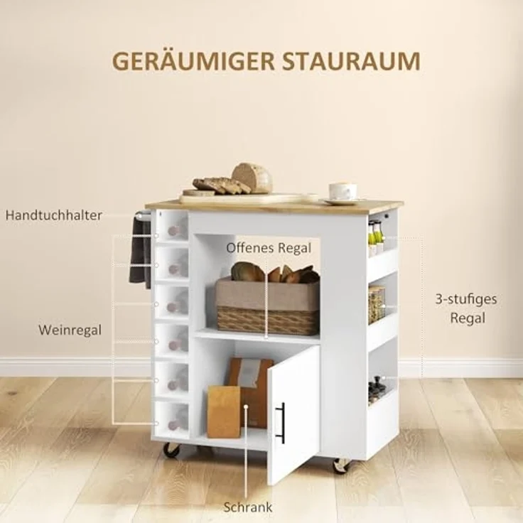 HOMCOM Küchenwagen Küchenwagen mit Schrank, Arbeitsplatte, Ablagen, Weinregalen, (Rollwagen mit Soft-Close-Scharnieren, 1 St, Kücheninsel), für Büro, 83x40x83cm, Eiche – Bild 3