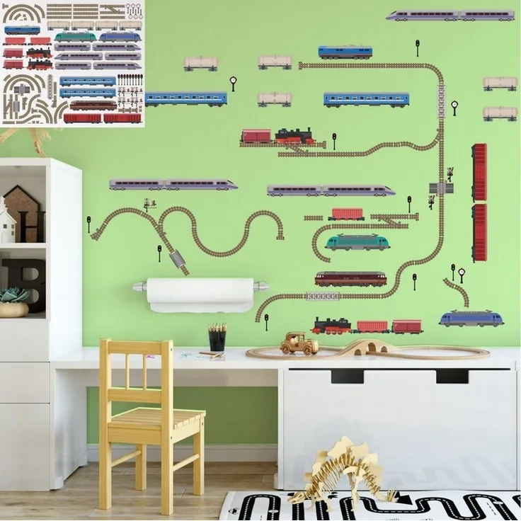 Sunnywall Wandtattoo XXL Eisenbahn Zug Lokomotive Wandtattoo Set Kinderzimmer Wanddeko
