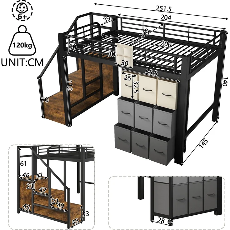EINHOM Hochbett, 140 x 200 cm, Metall, mit Schubladen, Kleiderstange, Geländer, Treppe mit Stauraum,Schwarz (Ohne Matratze) – Bild 2