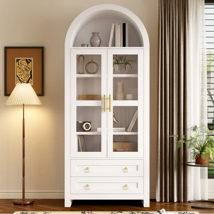 Standvitrine 76 x 40 x 180 cm mit Glastüren, LED-Beleuchtung und 2 Schubladen – Bild 1