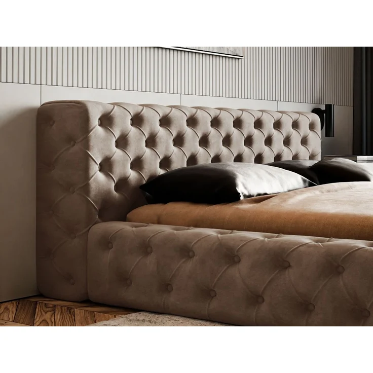 GRAINGOLD Palini Polsterbett 160x200, mit gepolstertes Kopfteil, gestepptes Bett, Bettkasten, Velour-Stoff, Braun – Bild 6