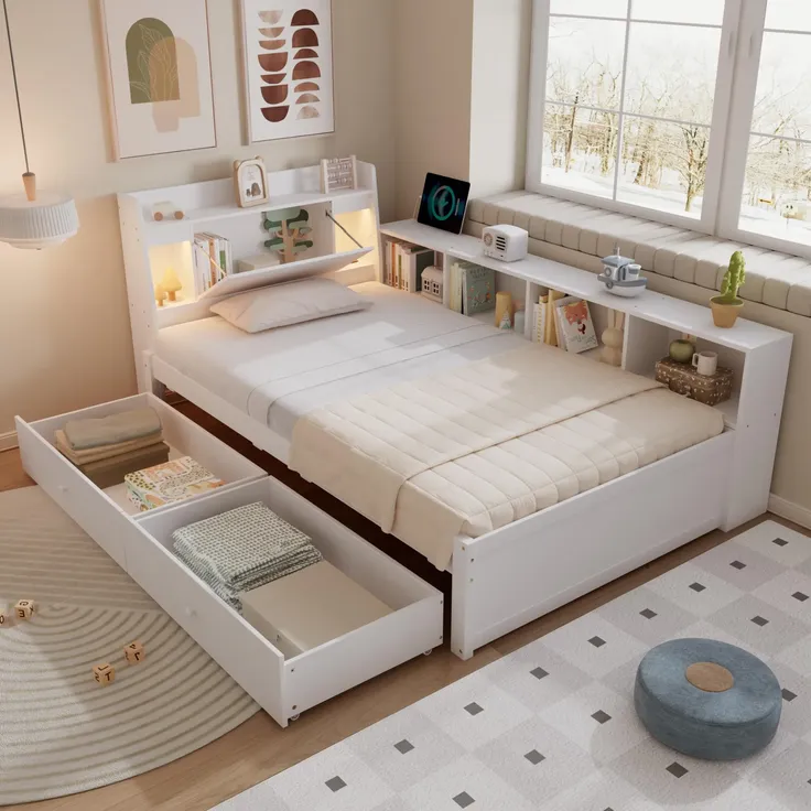 Stauraumbett, 90x200 cm, Lattenrost, Schubladen, Regal, LED-Beleuchtung, Mehrfachsteckdose, Einzelbett, Holzbett, Jugendbett, Kiefer