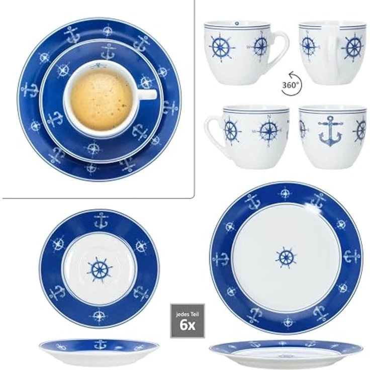 MamboCat Kaffeeservice Ahoi 18tlg Kaffeeservice Porzellan 6Pers Tasse Teller Anker nautisch, Porzellan – Bild 4