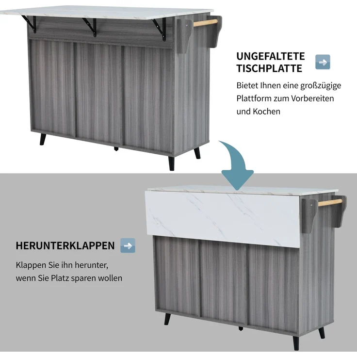 129x46(71)x91.5(95)cm Dining Cart/Dining Sideboard, White Marble Countertop and Khaki Gray Wood Grain Cabinet/Extendable Countertop/Storage Door Design/Wheels/Solid Wood Legs Switchable/Ideal for Home – Bild 6