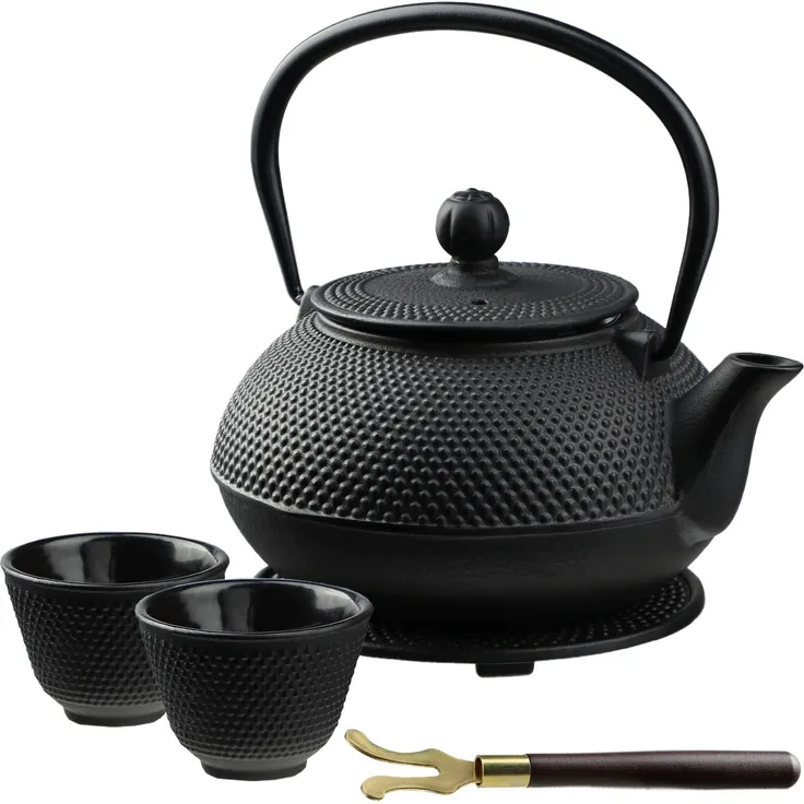 KADAX Schwarzer Teekessel, Gusseisen-Teekanne, Teesieb, 850 ml, 2 Tassen