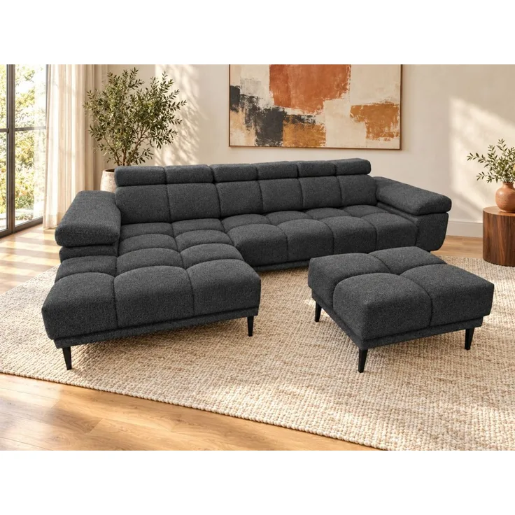 Ecksofa Schlafsofa SENVELIO RELAX inkl. Hocker Stoff Glam Anthrazit Ottomane Links