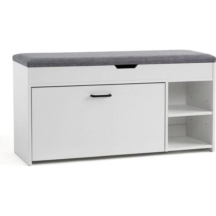 Mondeer Schuhbank Schuhhocker, mit Sitzfläche, mit Klappschublade, 100 x 30 x 52 cm, Weiß + Grau – Bild 1