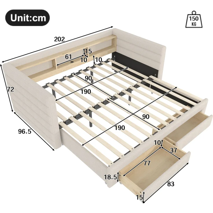 Merax Polsterbett, 90 × 190 cm, Tagesbett, Daybett, Schlafsofa, multifunktionales Ausziehbett-Design, USB- + Typ-C-Anschlüsse, mit 2 Schubladen, LED-Lichtleiste, Samt, beige – Bild 4