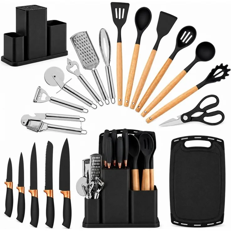 Diyarts Kochbesteck-Set (für beschichtete Pfannen, inklusive Kochmesser, Beige 23-teilig, Grün, Weiß und Schwarz je 20-teilig), Schonende Silikon-Küchenhelfer mit Holzgriffen & Messer im Set
