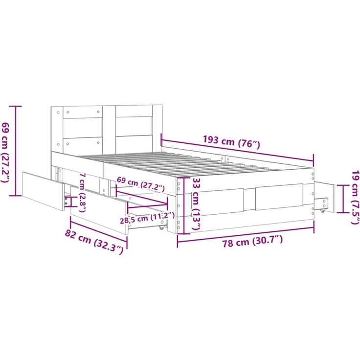 vidaXL Bettgestell mit Kopfteil Räuchereiche 75x190 cm Holzwerkstoff 3295622 – Bild 10