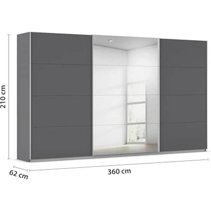 Rauch Möbel Kulmbach, Kleiderschrank mit Schwebetüren für Schlafzimmer, Kinderzimmer, Flur, 3-türig, mit Spiegel und Soft-Close-Funktion, Zubehör Premium, Farbe Grau metallic, Schwarz, Breite 360 cm – Bild 3