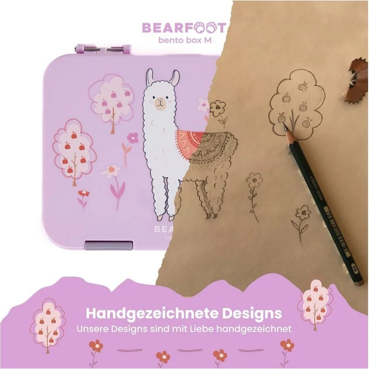 BEARFOOT Lunchbox Brotdose Kinder mit Fächern, Lunchbox, Bento box - Lama Lila, handgezeichnete Designs, modular – Bild 2