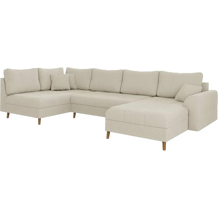 S-Style Möbel Wohnlandschaft Zara mit Braun Holzfüßen im skandinavischen Stil aus Cord-Stoff, Ottomane links oder rechts bestellbar, mit Wellenfederung