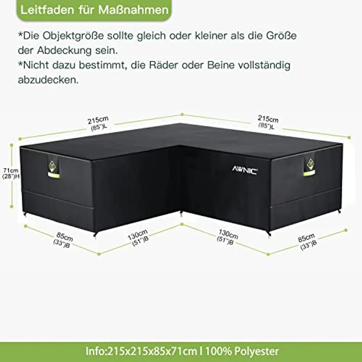 Awnic Abdeckung für Lounge Sofa L-Form Outdoor Rattansofa Abdeckung Schutzhülle für Garten Sofa Wasserdicht 420D Polyester 215 x 215 x 85x71 cm – Bild 3