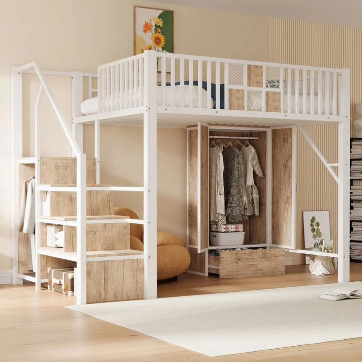 EINHOM Metall-Hochbett 140 x 200 cm mit Markantem Geländerdesign aus Holz und Metallgitter, Komplett mit Großem Kleiderschrank, Schubladen und Aufbewahrungsleiter, Weiß (Ohne Matratze) – Bild 1