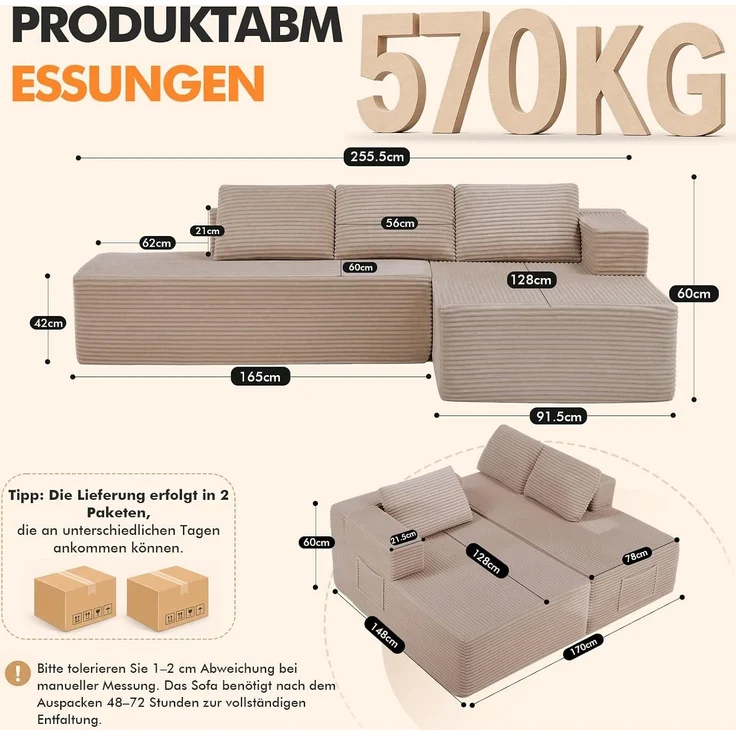 COMHOMA Ecksofa mit Schlaffunktion, 255cm Corduroy Modulares Boneless Couch mit Chaiselongue & Rücken-Metallgestell, L-Form Schlafsofa mit offenem Design, Kissen & Seitentaschen,für Wohnzimmer, Beige-L – Bild 2