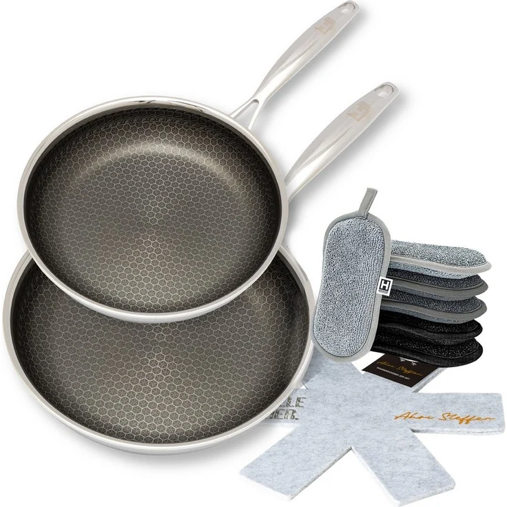 HENSSLERS Pfannen-Set HENSSLERS Kochbox Deluxe, Edelstahl (Set, 10-tlg, Pfanne 24 + 28 cm, Mikrofaser-Schwamm-Set 6 tlg, 2x Pfannen-Schoner), Exklusives Set für OTTO – Bild 1
