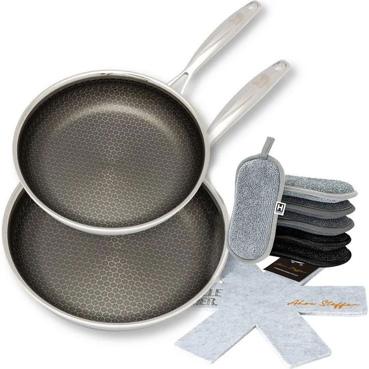 HENSSLERS Pfannen-Set HENSSLERS Kochbox Deluxe, Edelstahl (Set, 10-tlg, Pfanne 24 + 28 cm, Mikrofaser-Schwamm-Set 6 tlg, 2x Pfannen-Schoner), Exklusives Set für OTTO
