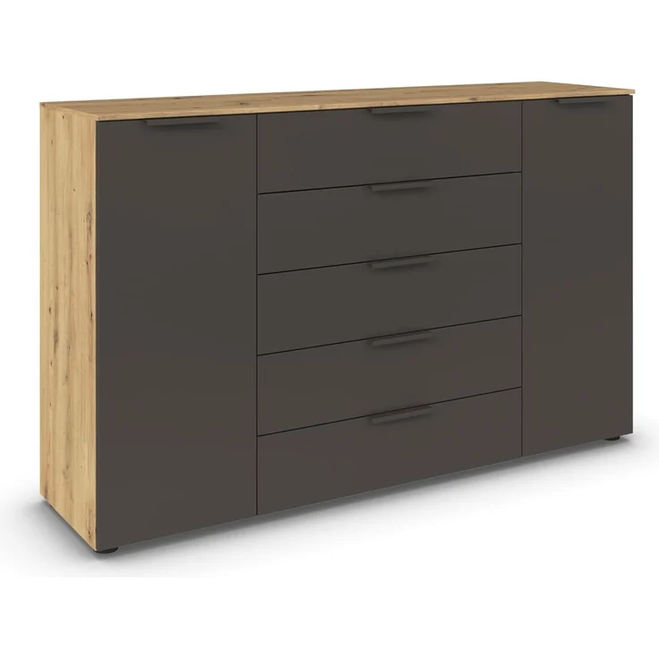 Rauch Möbel Flipp, Kommode für Schlafzimmer, Kinderzimmer, Wohnzimmer, Flur, Garderobe, 2-türig, 5 Schubladen, mit Softclose-Funktion, Farbe Eiche Artisan, Holz/Graphit, Schwarz, Breite 160 cm – Bild 1