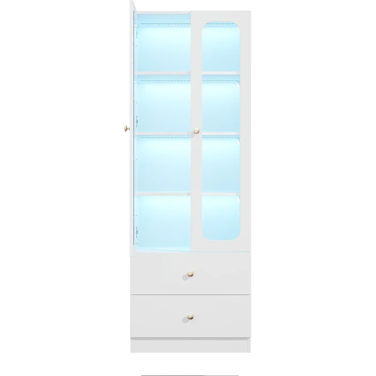 Glasvitrine 60x35x170 cm in Weiß mit LED-Beleuchtung, Glastüren und 2 Schubladen – Bild 7