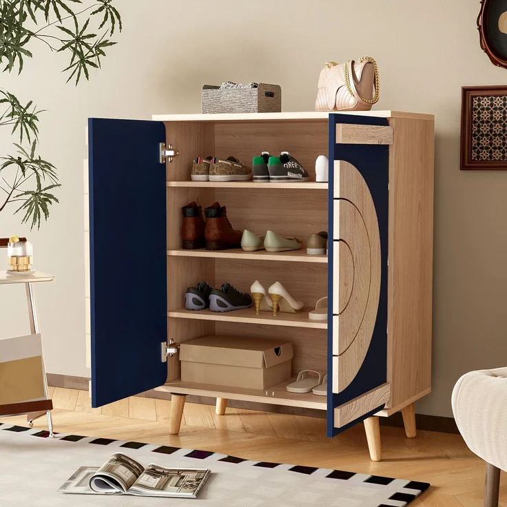 Schuhschrank 76cm×37cm×98.5cm kreisrunde Türen Blau Natur mehrstufig bis 40 kg – Bild 3