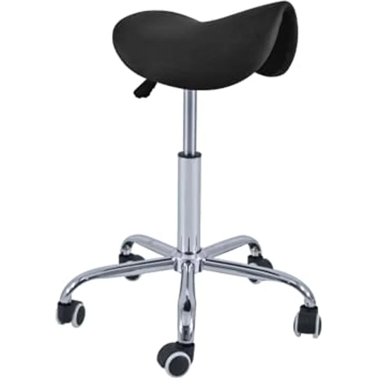 Quirumed Pony-Hocker mit 5 Rädern, Chromgestell, Schwarze Farbe, Kunstlederpolsterung, höhenverstellbar, leicht, ergonomisches Design, drehbar, bis zu 150 kg – Bild 2
