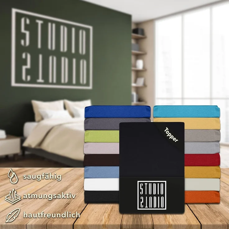 STUDIO Basic Topper Spannbettlaken 200x200 cm, 100% gekämmte Baumwolle, Oeko-TEX 100, Markenqualität, Bettlaken 200x200 Topperbezug Jersey - Schwarz – Bild 6