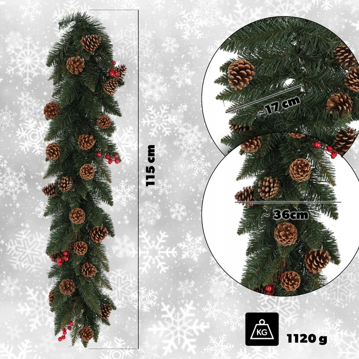 KADAX Weihnachtsbaumgirlande 115 cm. Dicht mit Zapfen – Bild 2